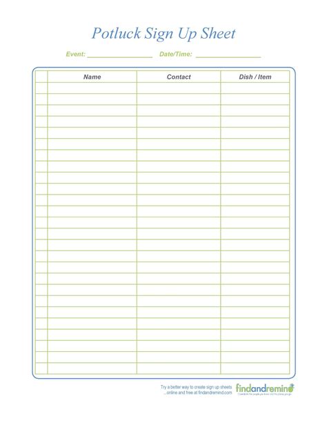 Free Printable Potluck Sign Up Sheet Template