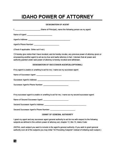 Free Printable Power Of Attorney Form Idaho