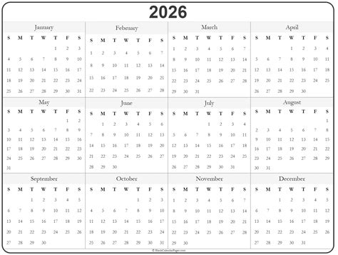 Free Printable Print 2026 Year Calendar