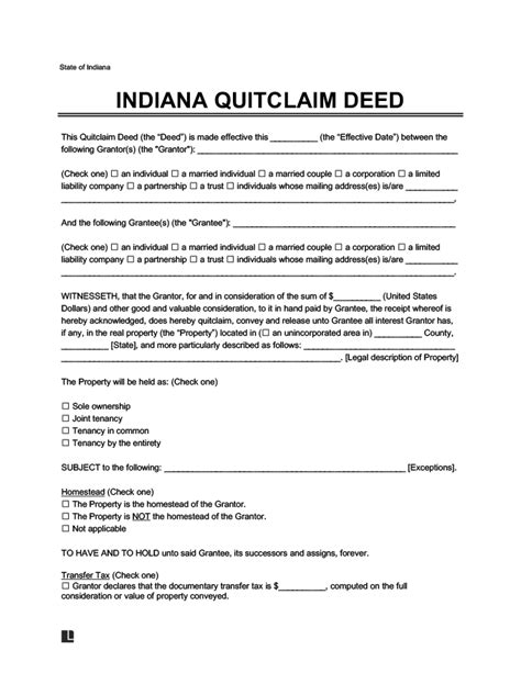 Free Printable Quit Claim Deed Form Indiana