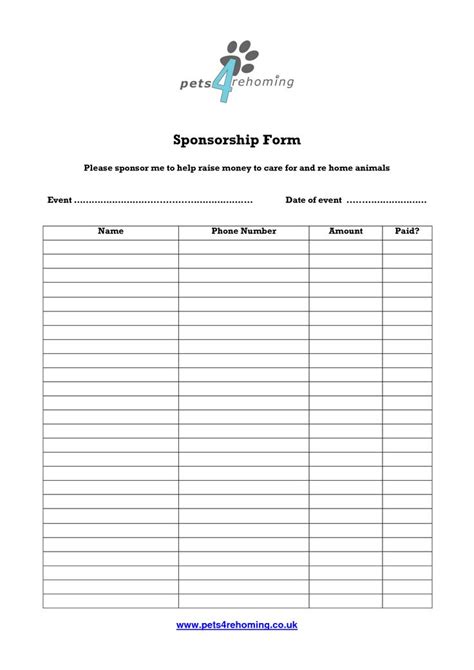 Free Printable Sponsor Form Template
