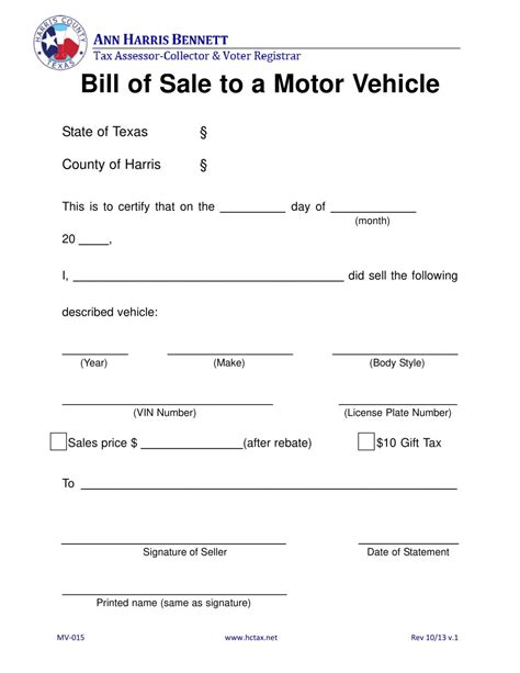 Free Printable Texas Vehicle Bill Of Sale Form