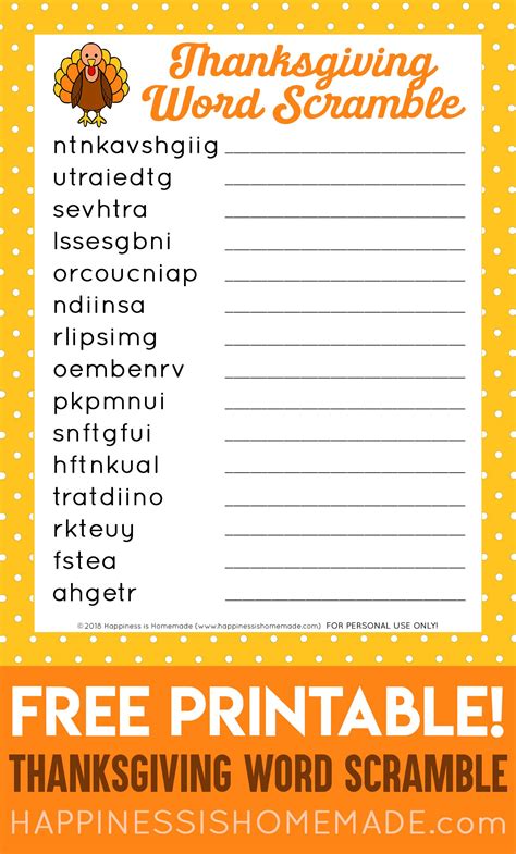 Free Printable Thanksgiving Word Scramble With Answers