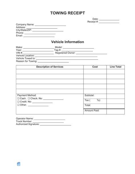 Free Printable Tow Receipt