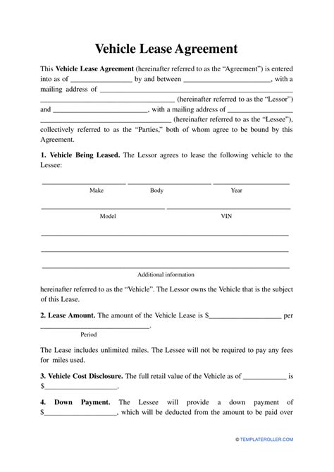 Free Printable Vehicle Lease Agreement