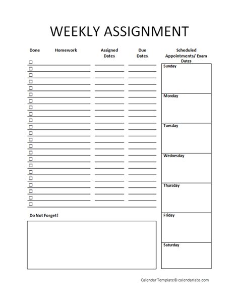 Free Printable Weekly Assignment Calendar