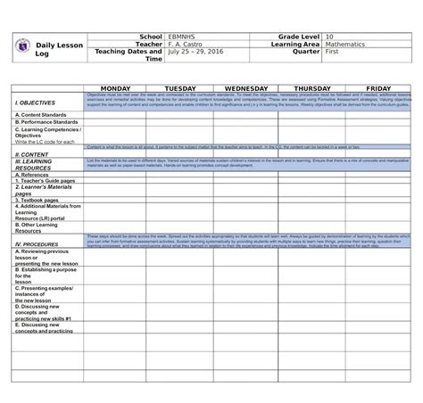 Free Printable Weekly Lesson Log Template