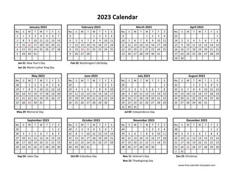 Free Printable Yearly Calendar 2023 With Holidays