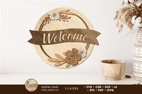 Free SVG Welcome Sign Laser Cut Design | Flowers Round Sign