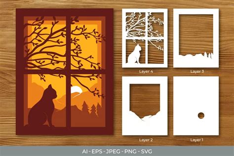 Free SVG Window Cat Layered Papercut 3D