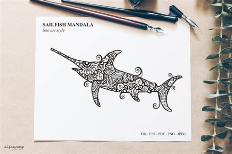 Download Free Sailfish Mandala Vector Line Art Style Commercial Use