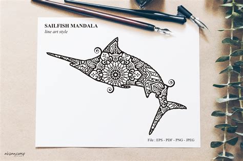 Download Free Sailfish Mandala Vector Line Art Style Commercial Use DXF Files