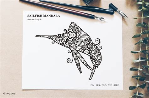 Download Free Sailfish Mandala Vector Line Art Style DXF Files