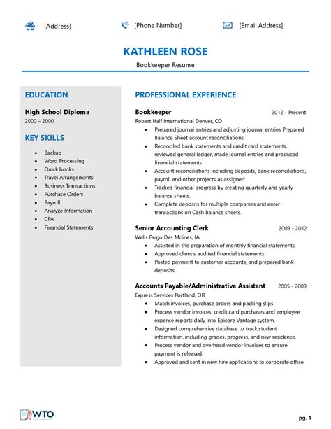 Free Sample Bookkeeper Resume