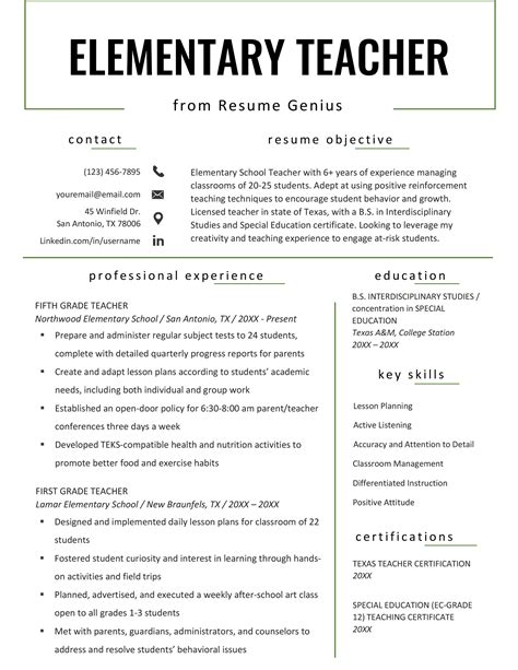 Free Sample Resume For Teacher