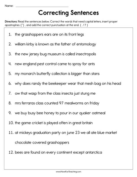 Free Sentence Correction Worksheets