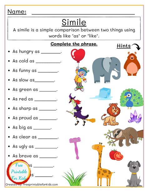 Free Simile Worksheets