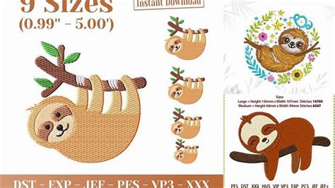 Download Free Sloth Embroidery Design Cut Images