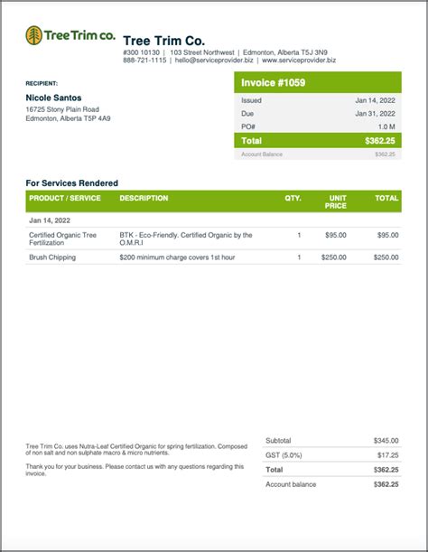 Free Tree Service Invoice Template