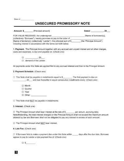 Free Unsecured Promissory Note Template - PDF | Word – eForms