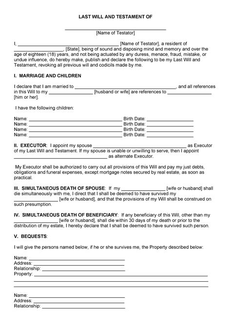 Fillable Last Will And Testament Form Printable Forms Free Online