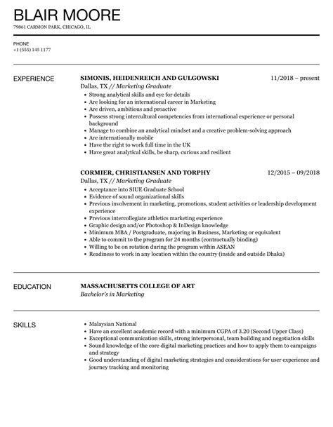 Fresh Marketing Graduate Resume Sample