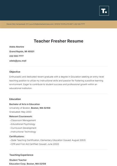 Fresher Resume Format For Teacher Job