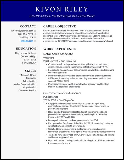 Front Desk Receptionist Resume Sample