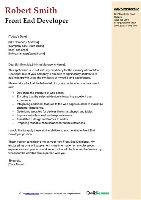 Front End Developer Cover Letter