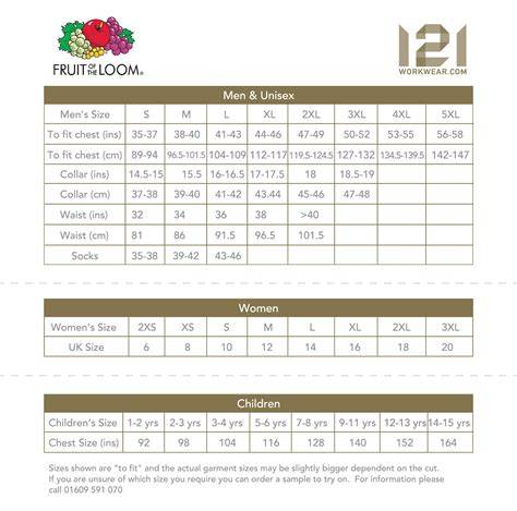 Fruit And Loom Size Chart