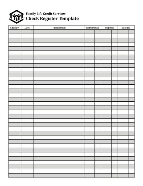 Full Page Printable Checkbook Register