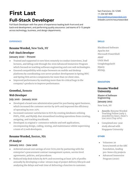 Full Stack Developer Sample Resume