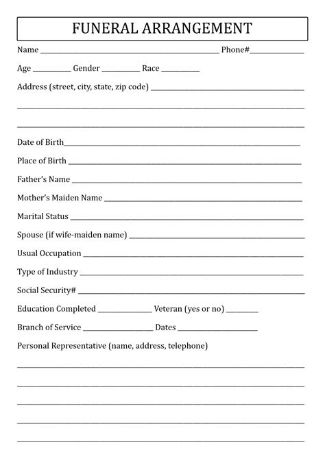 Funeral Pre Planning Worksheet