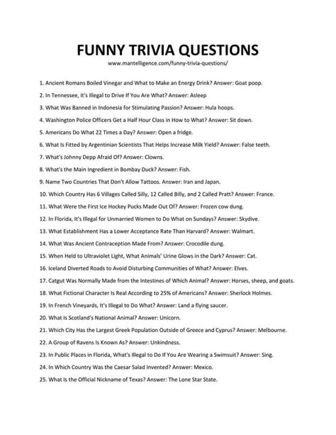 Funny Trivia Questions And Answers Printable Pdf