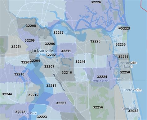 Map of Jacksonville with zip codes