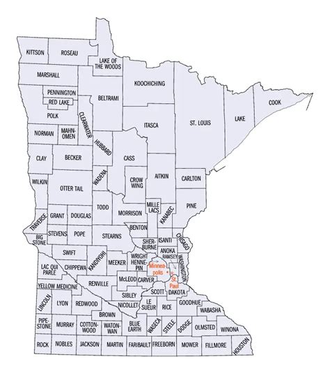 A map with several counties in Mn and their respective cities