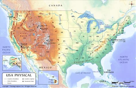 Physical features map of USA