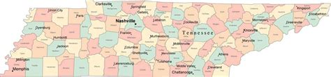 Map of Tennessee with counties and cities