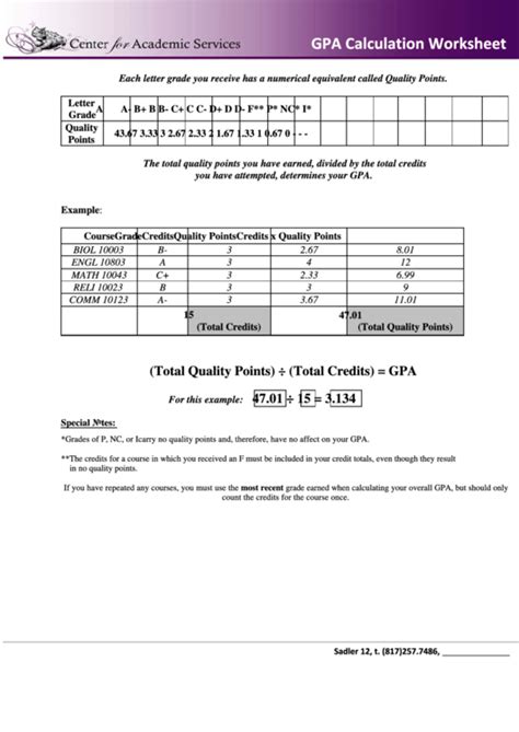 Gpa Printable Worksheet
