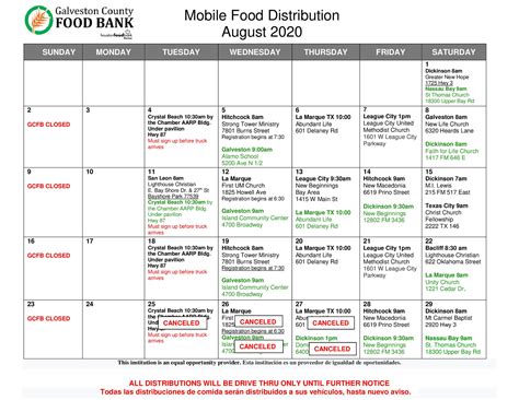 Galveston County Mobile Food Bank Calendar