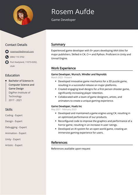 Game Developer Resume Sample
