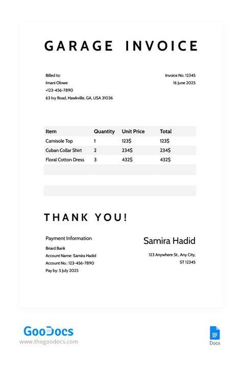 Garage Invoice Template | invoice example