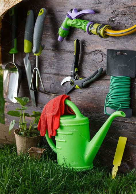 Gardening tools and equipment closeup in the backyard. HighQuality