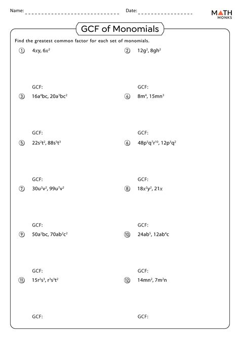 Gcf Monomials Worksheet