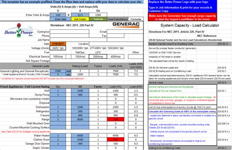 Generator Load Calculation Worksheet