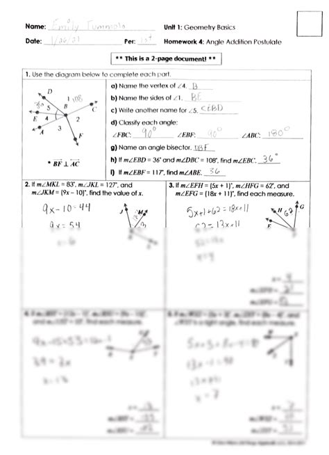 Geometry Basics: Angle Addition Postulate Worksheet Answers For Homework 4