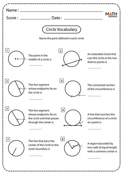Geometry Parts Of A Circle Worksheet