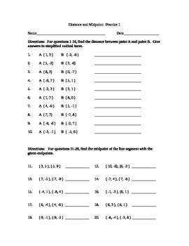 Geometry: Distance Formula and Midpoint Formula, Practice Worksheet #1
