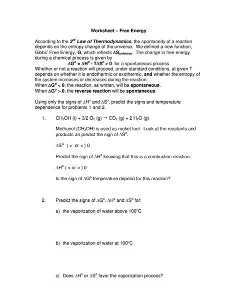 Gibbs Free Energy Worksheet With Answers