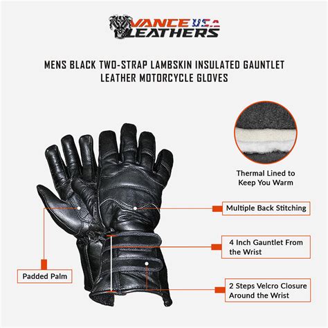 Vance VL404 Mens Black Two-Strap Lambskin Insulated Gauntlet Leather Motorcycle Gloves